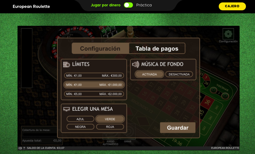 Configuracion para jugar a la ruleta